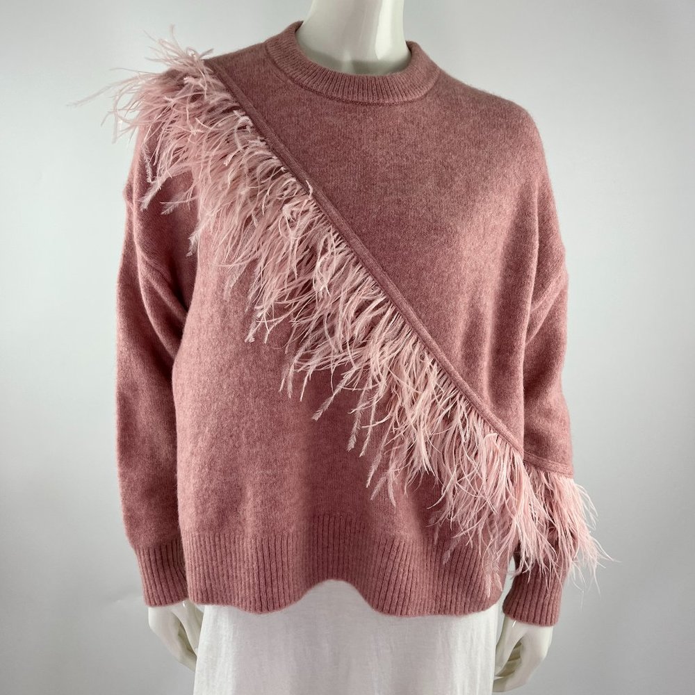 Cinq a sept Pink Feather Trim Wool Blend Bateau Sweater S